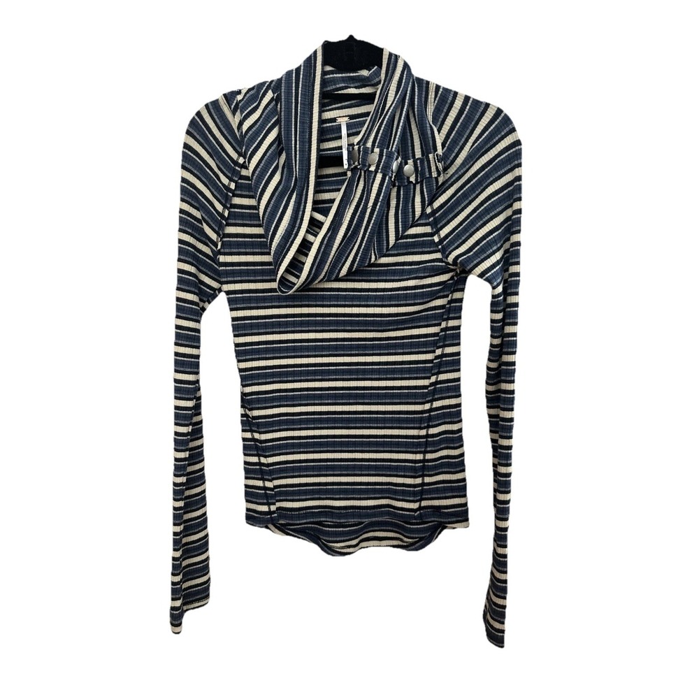 Free People Sweater Womens Medium Blue Striped Cape Cod Thermal Cowl Neck Ribbed